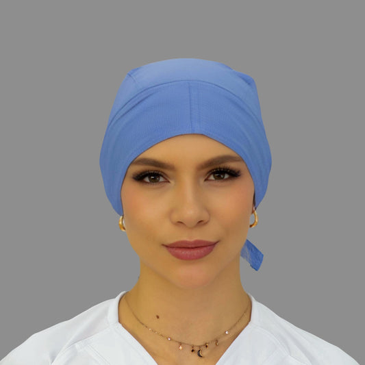 Gorro quirúrgico azul plumbago unisex Fourways vista frontal con cobertura completa