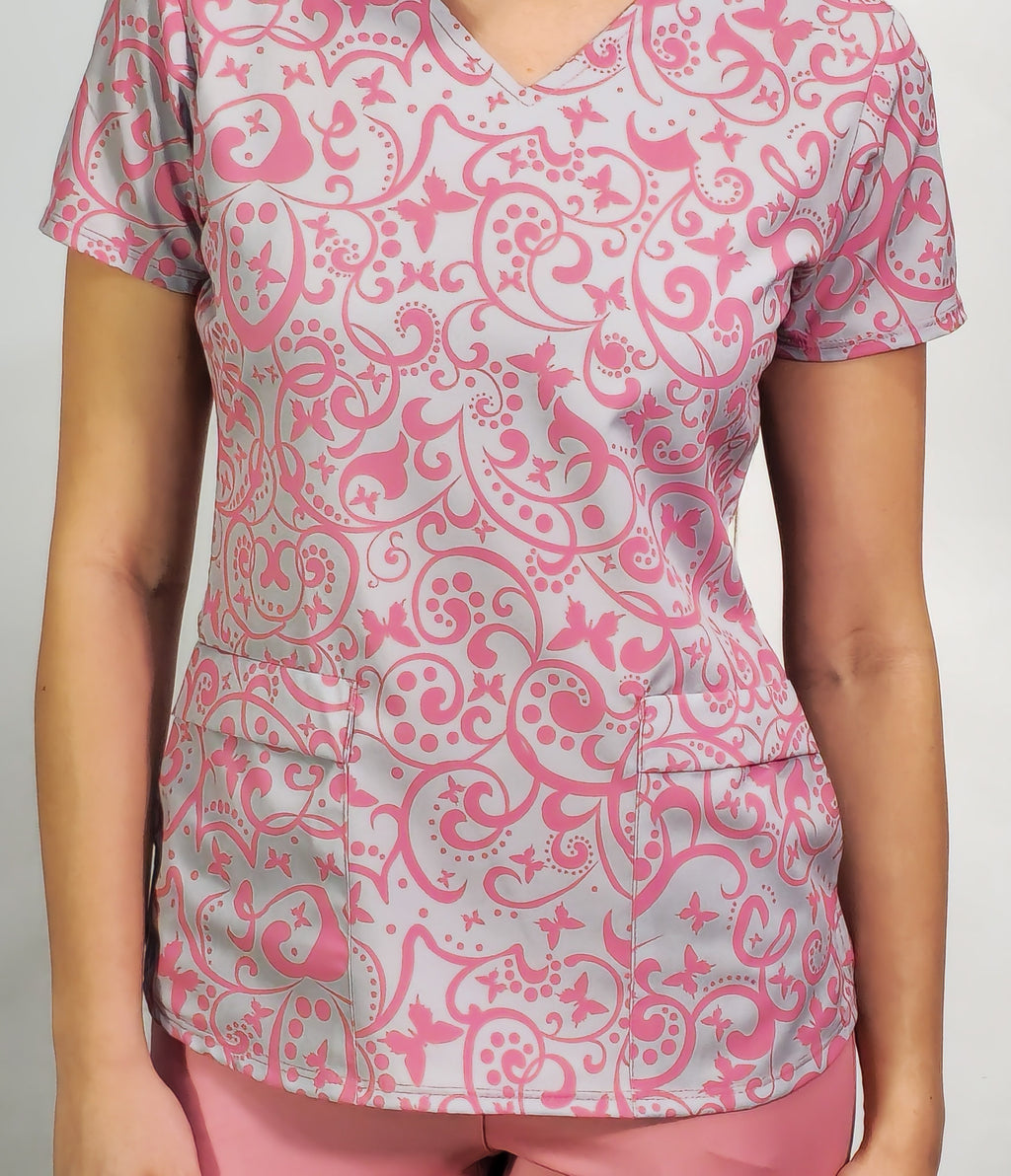 Filipina Estampado Floral Gris Perla/Palo de Rosa, Scrubs 600