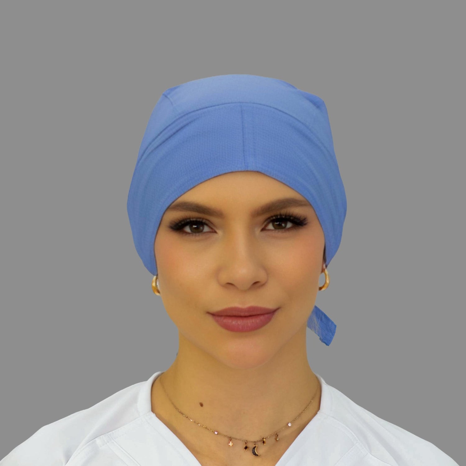 Gorro quirúrgico azul plumbago unisex Fourways vista frontal con cobertura completa
