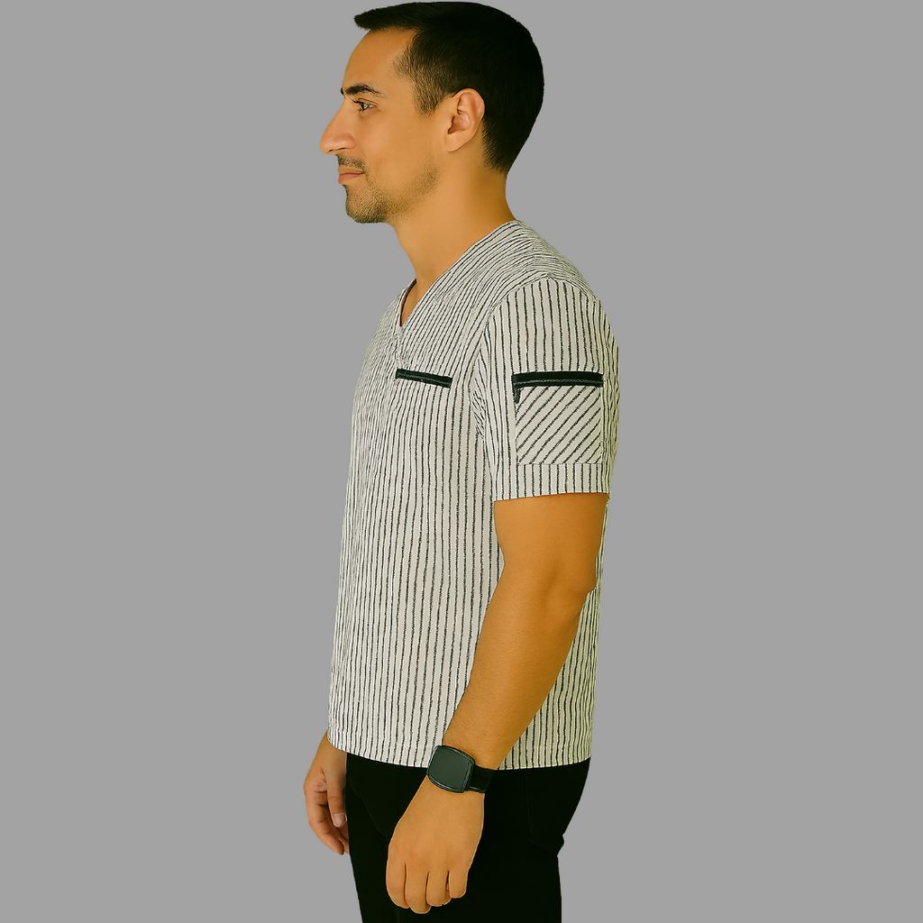 Filipina Rayas Blancas /Gris cuello SIN COSTADO V. Hombre