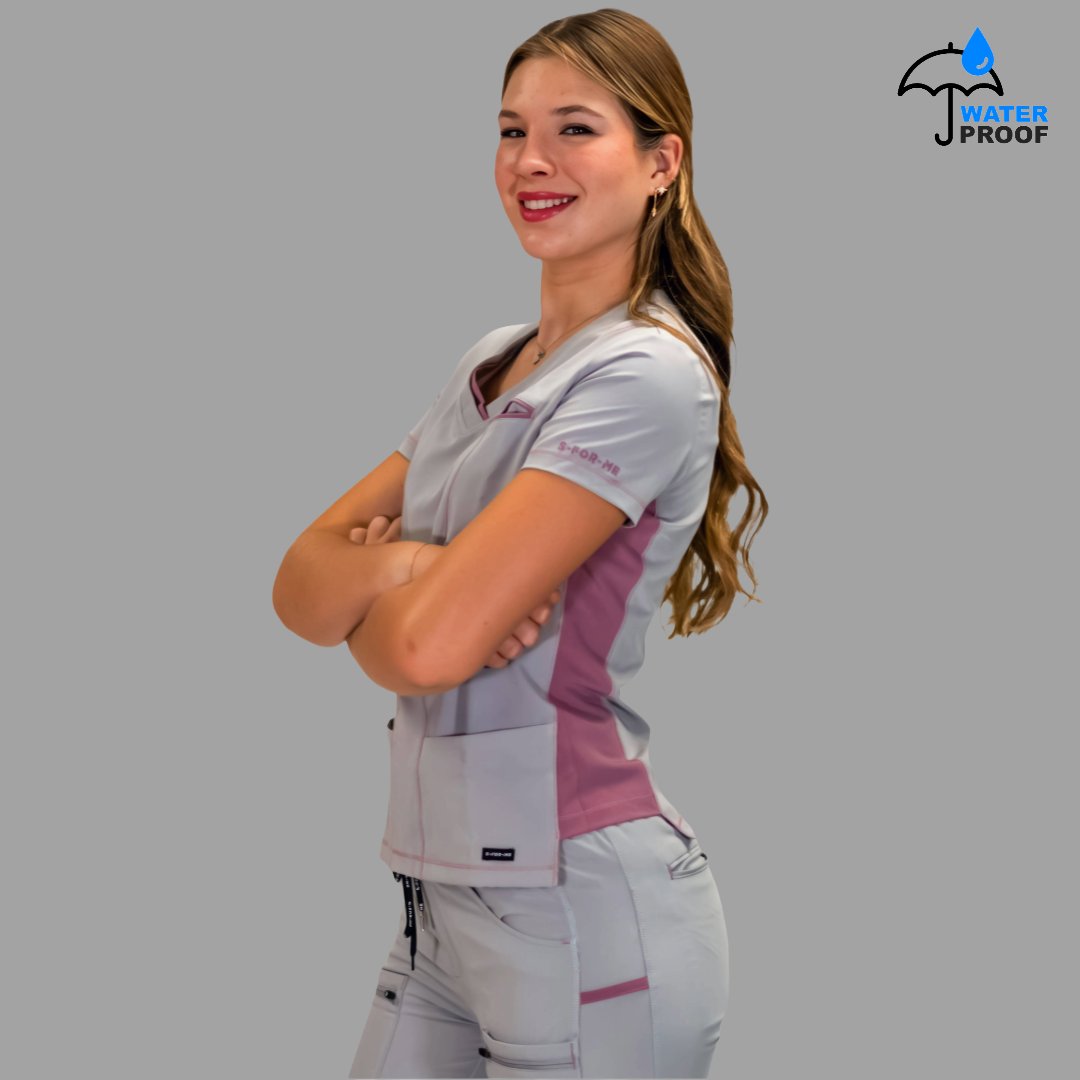 Filipina médica antifluido para mujer gris perla y rosa vista lateral